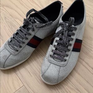 Men's Gucci Bambi Web Silver Sneakers with Red and Black Stripe